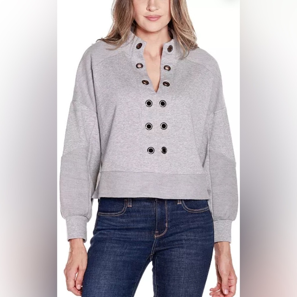 NWT Belldini Size L Women's Grommet Detail Mock Neck Knit Top Heather Grey‎